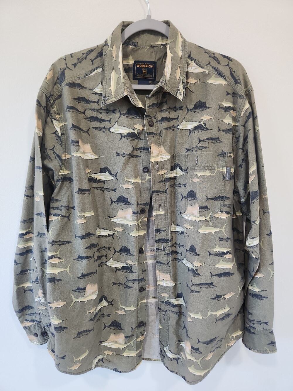 WOOLRICH Rugged Outdoor Vintage Men's Fishing Print Green Button Down Shirt L